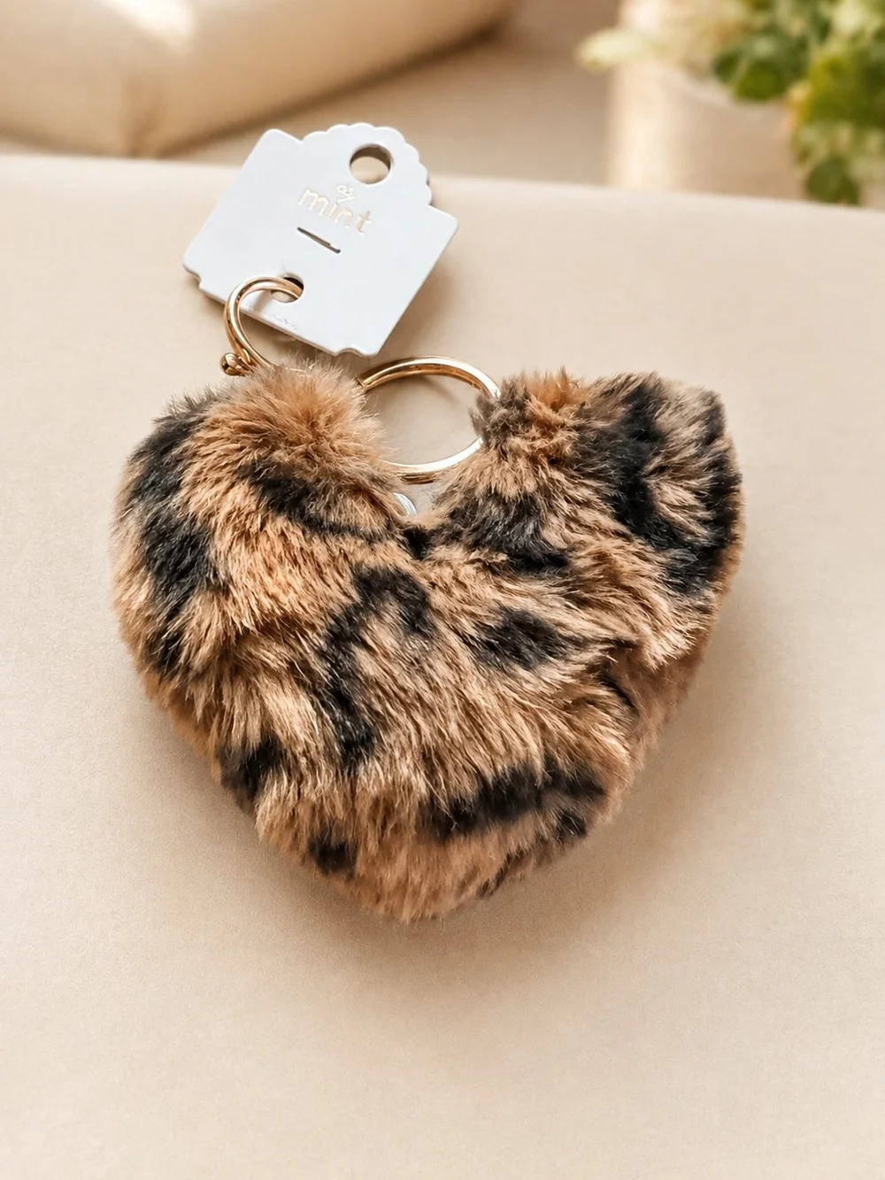 Mint Leopard-Print Heart Pom Keychain with Gold Hardware